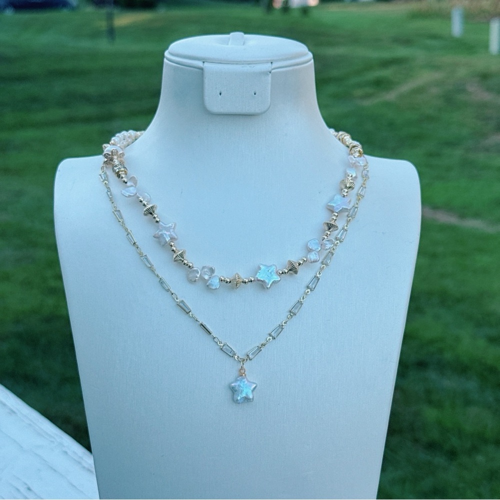 X628 Handmade Freshwater Baroque Star Pearl Dainty Double Layer Necklace - Picture 4 of 9